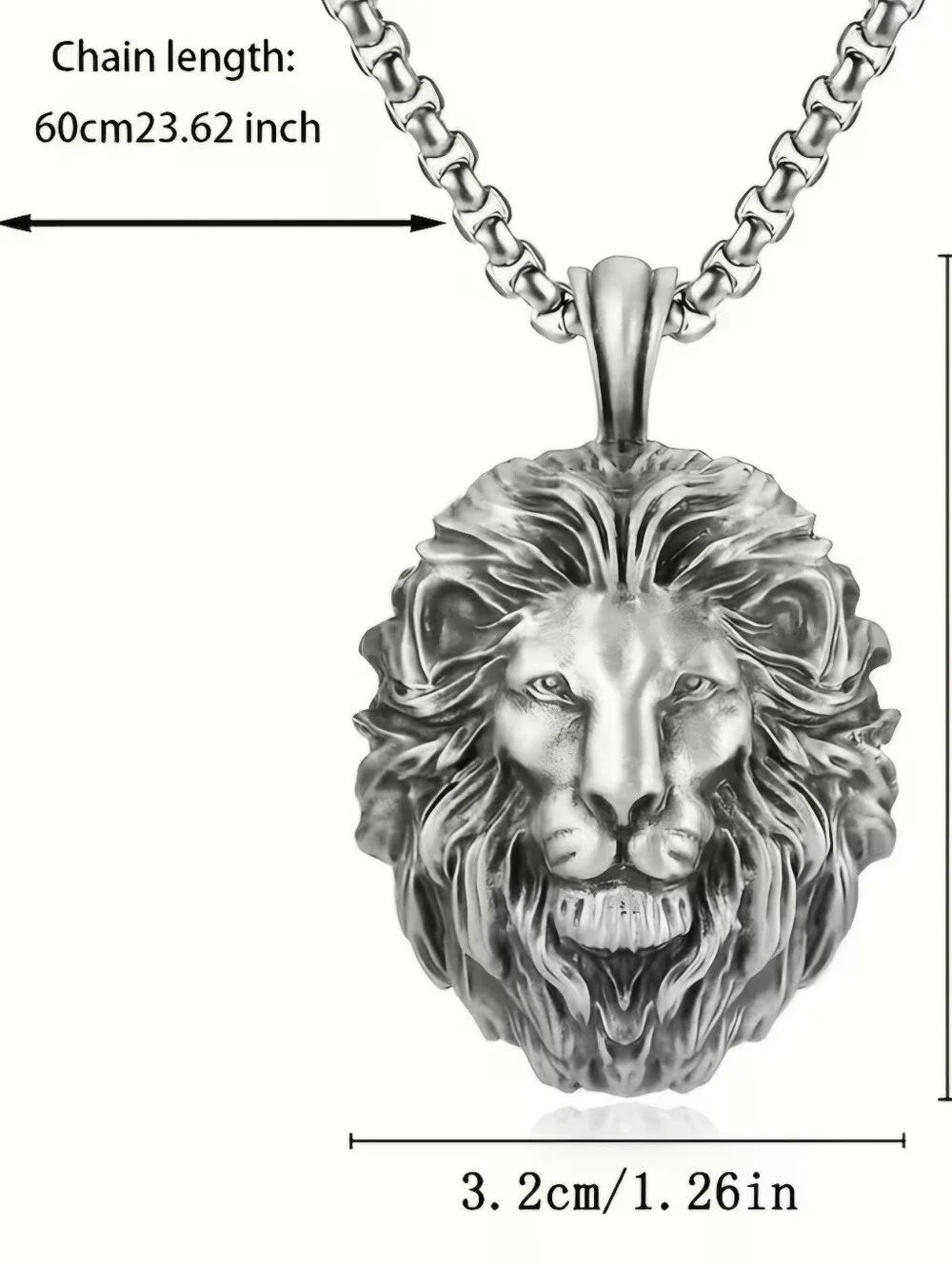 MENS LION HEAD SILVER LONG CHAIN NECKLACE
